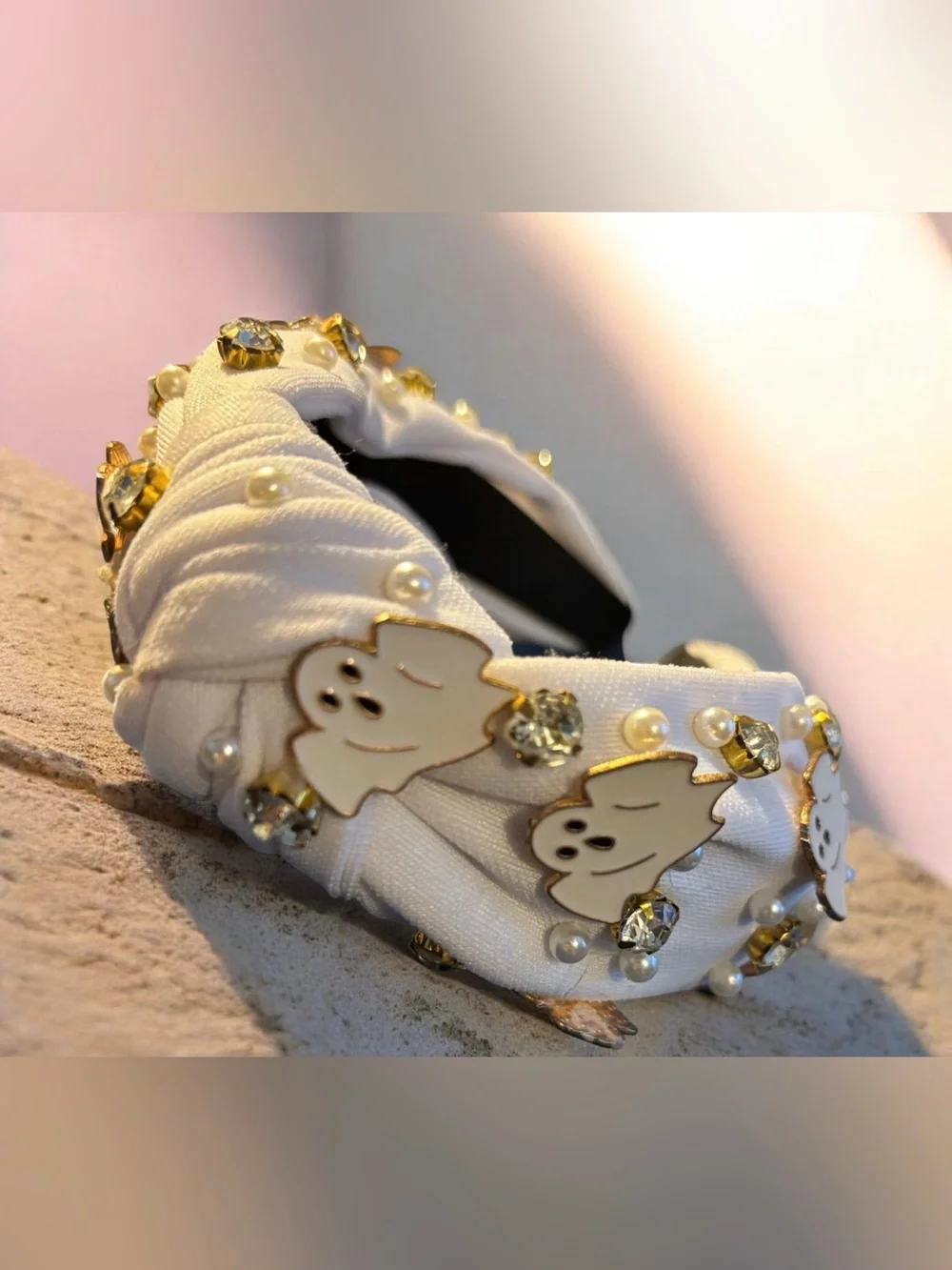 Hand Crafted Ghost Charm Headband with Faux Pearls & Crystals